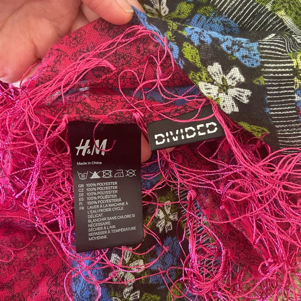 Divided by H & M Pink Blue Green Floral Fringed Print Scarf/Wrap